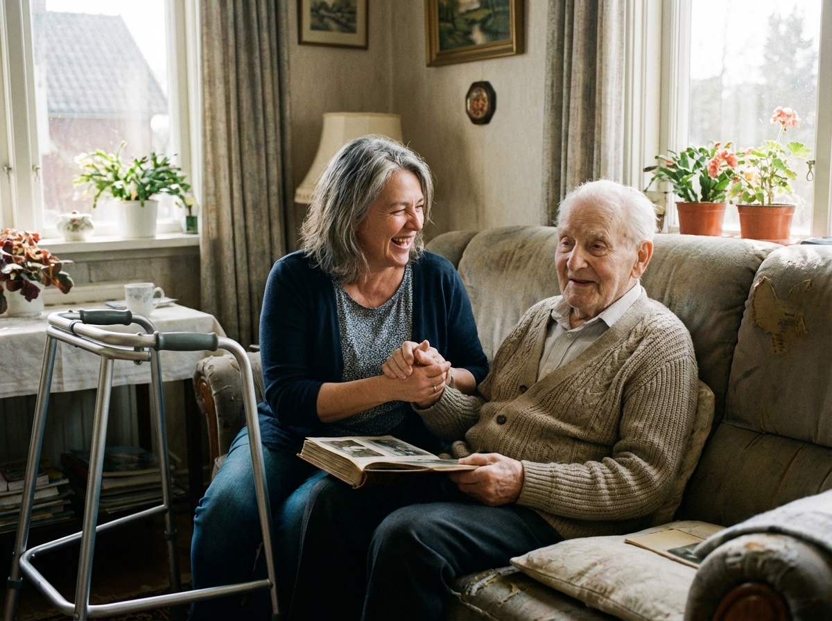 Adult child and parent sharing a warm moment